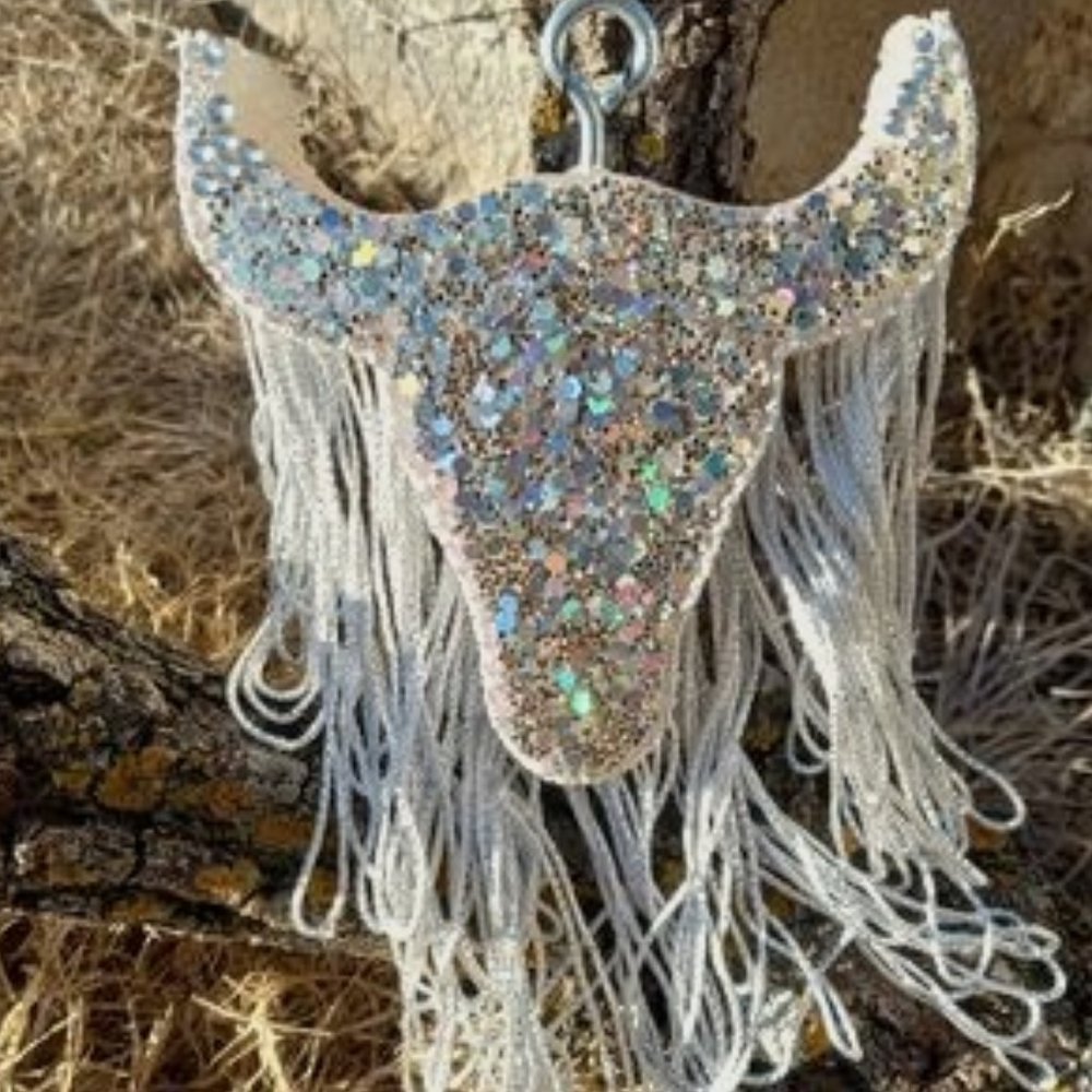Glitter silver Bull skull with silver fringe Car freshie